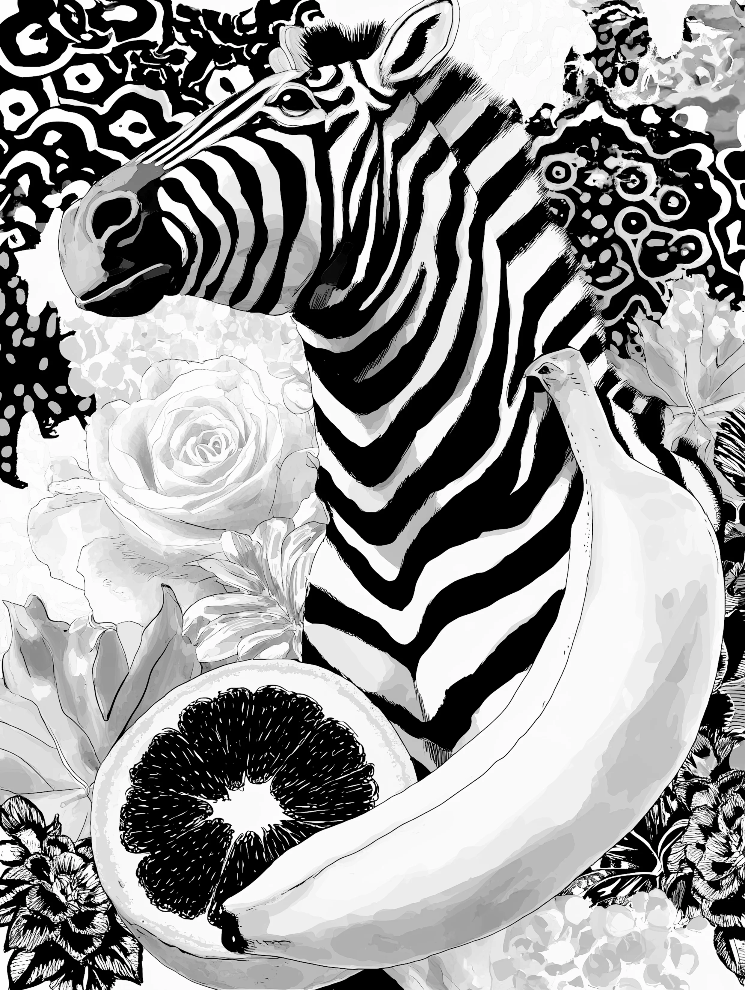 Free printable banana coloring page for adults featuring zebra with a banana and orange